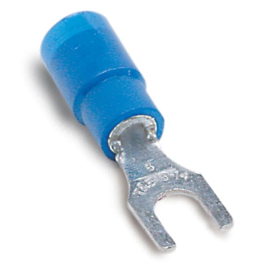 14RB-10FX Sta-Kon RB Series Expanded Insulated Fork Terminal, 18 to 14 AWG Conductor, 0.97 in L, Brazed Seam/Serrated Barrel, Copper, Blue