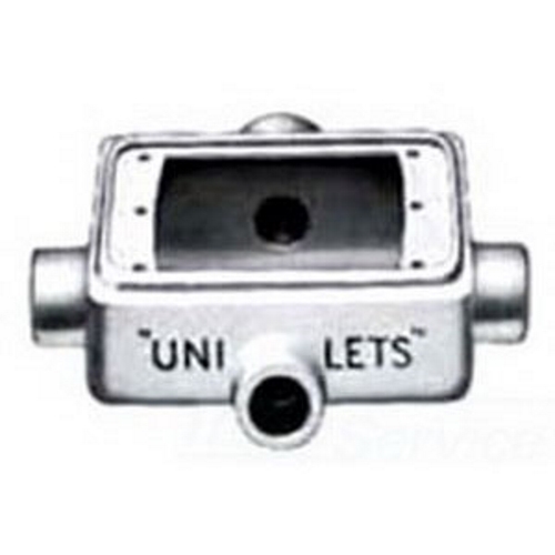 FSX175 Unilets Type FSX Heavy Duty Shallow Device Box With Internal Ground Screw, Malleable Iron, 25 cu-in Capacity, 1 Gangs, 4 Outlets, 4 Knockouts, 4.56 in H x 2.81 in W x 2 in D