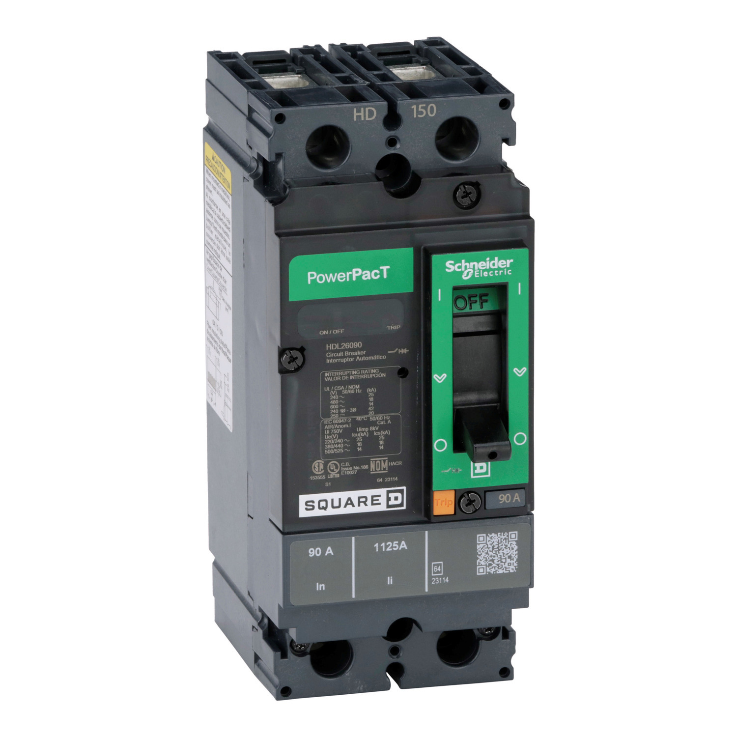 HDL26090 I-Line PowerPact H Type HDL Molded Case Circuit Breaker, 600 V AC/250 V DC, 90 A, 18/14/20/25 kA Interrupt, 2 Poles, Thermal Magnetic Trip