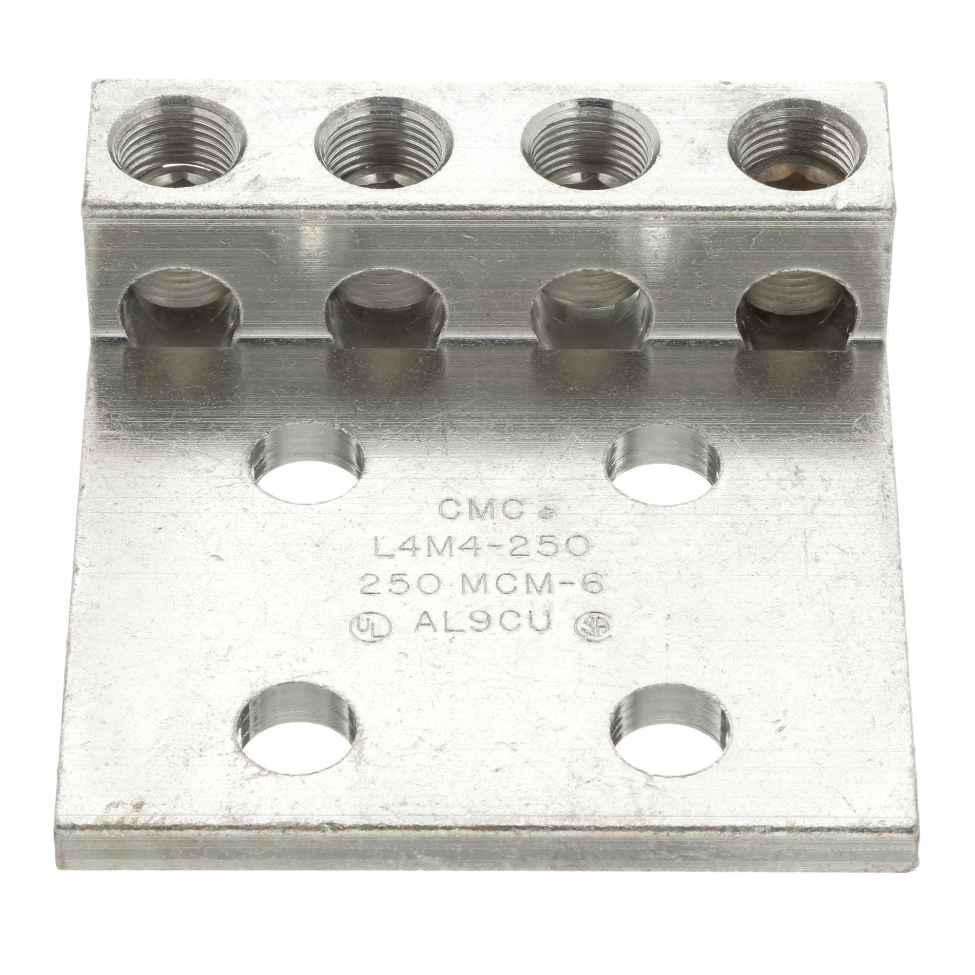 LAM4D250-12-1Y Pan-Lug 4-Barrel Mechanical Connector Lug, 6 AWG to 250 kcmil Aluminum/Copper/Stranded Conductor, 1/2 in Stud, 4 Bolt Holes, Aluminum