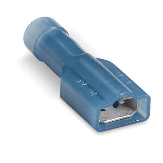 14RB-2577 Sta-Kon 250 Female Disconnect, 16 to 14 AWG Conductor, 0.25 in W x 0.032 in THK Tab, Brazed Seam Barrel, Brass, Blue, Fully Insulated