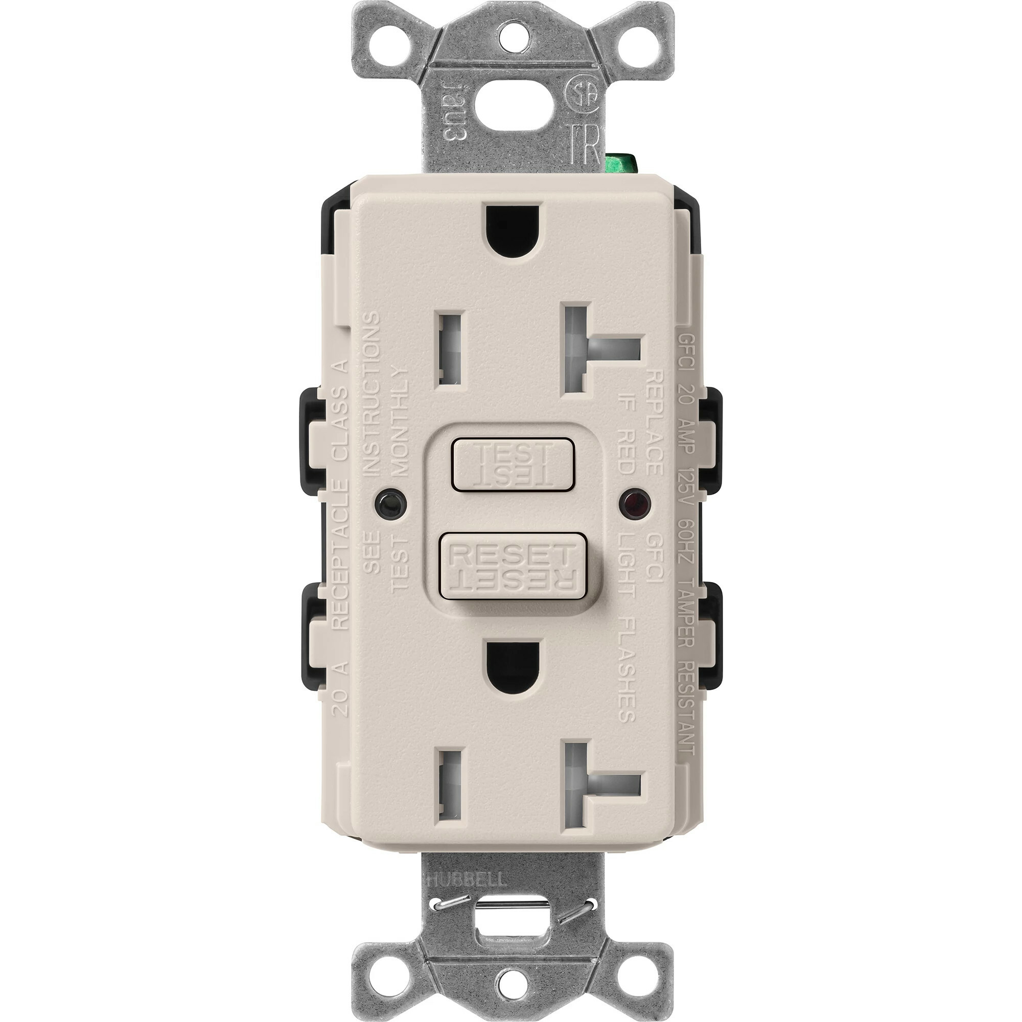 SCR-20-GFST-TP Claro Tamper-Resistant GFCI Duplex Receptacle, Decorator-Style Outlet, 20 Amp, Self-Testing, Satin, Taupe