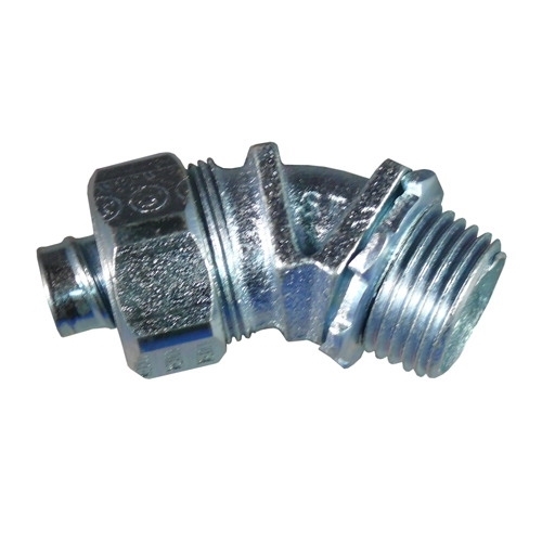 Liquid Tight Oiltight Raintight Conduit Connector With Plain Throat, 1/2 in Trade, 45 deg, Malleable Iron, Triple Coated