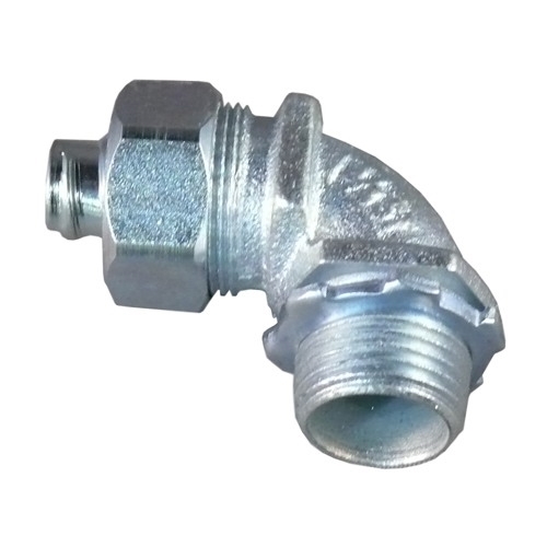 90 deg Liquidtight Connector with Plain Throat, 3/8 inch, Malleable Iron, Zinc Electroplated