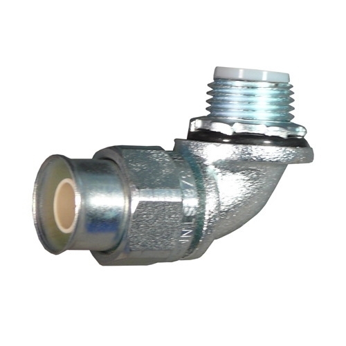 90 Degree Liquidtight Connector; 1-1/4 Inch, Threaded x Compression, Steel, Neoprene O-Ring, Nylon Ferrule