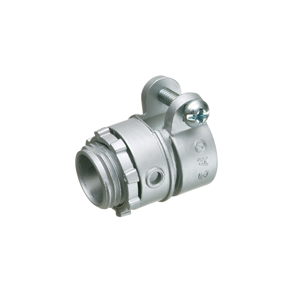 Zinc die-cast, Single screw, 1" knockout squeeze connector with round end stop. For Flex, AC, MCI cable. Concrete tight when taped. End stop diameter: .940