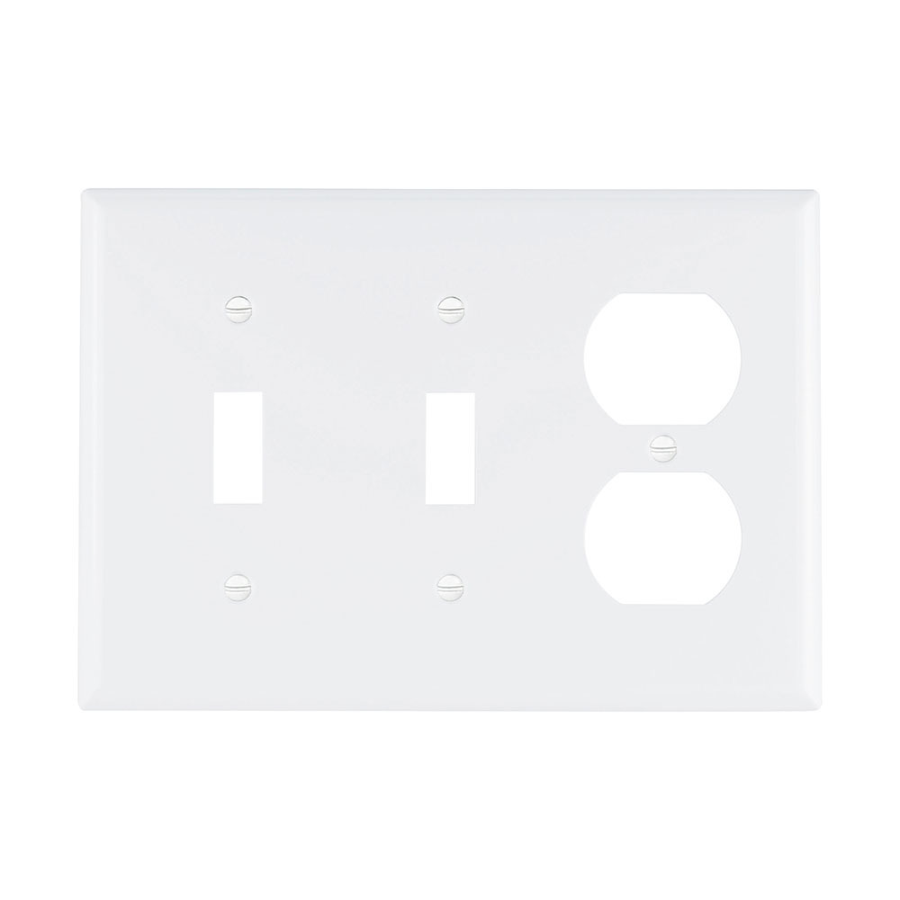 Eaton Combination wallplate, White, Toggle, Toggle, Duplex receptacle Cutout, Nylon, Three- gang, Standard, ED Box
