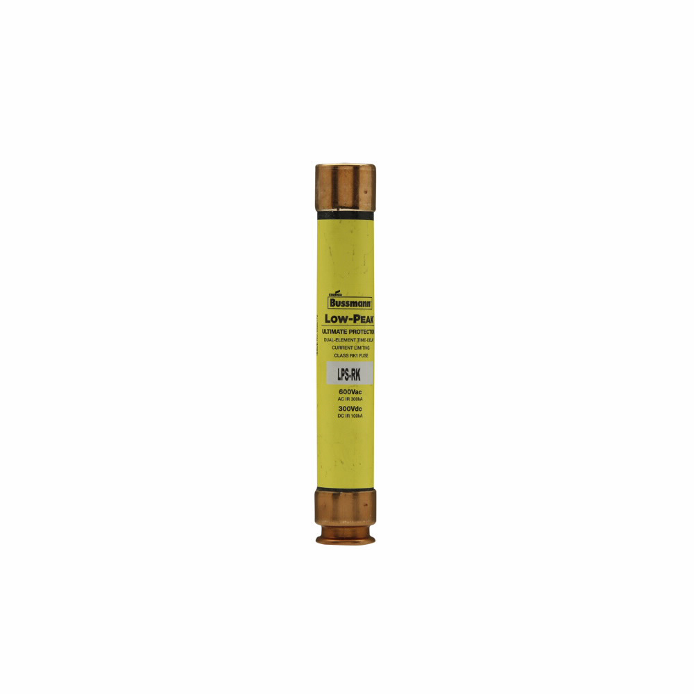 Eaton Bussmann series LPS-RK fuse, Low-peak fuse, 30 A, Dual, RK1, Non-indicating, Ferrule end x ferrule end, Time delay,Current-limiting, 10 sec at 500%, 100 kAIC at 300 Vdc,300 kAIC at 600 V, Standard, 10, 600 V, 300 Vdc