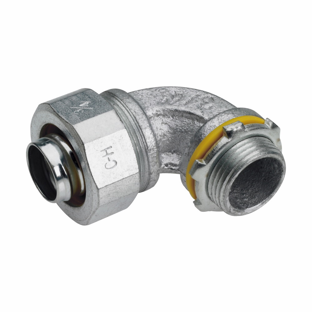 LT7590 Liquidator LT Series Non-Insulated Liquidtight Conduit Connector, 3/4 in Trade, 90 deg, Malleable Iron, Electro-Plated Zinc