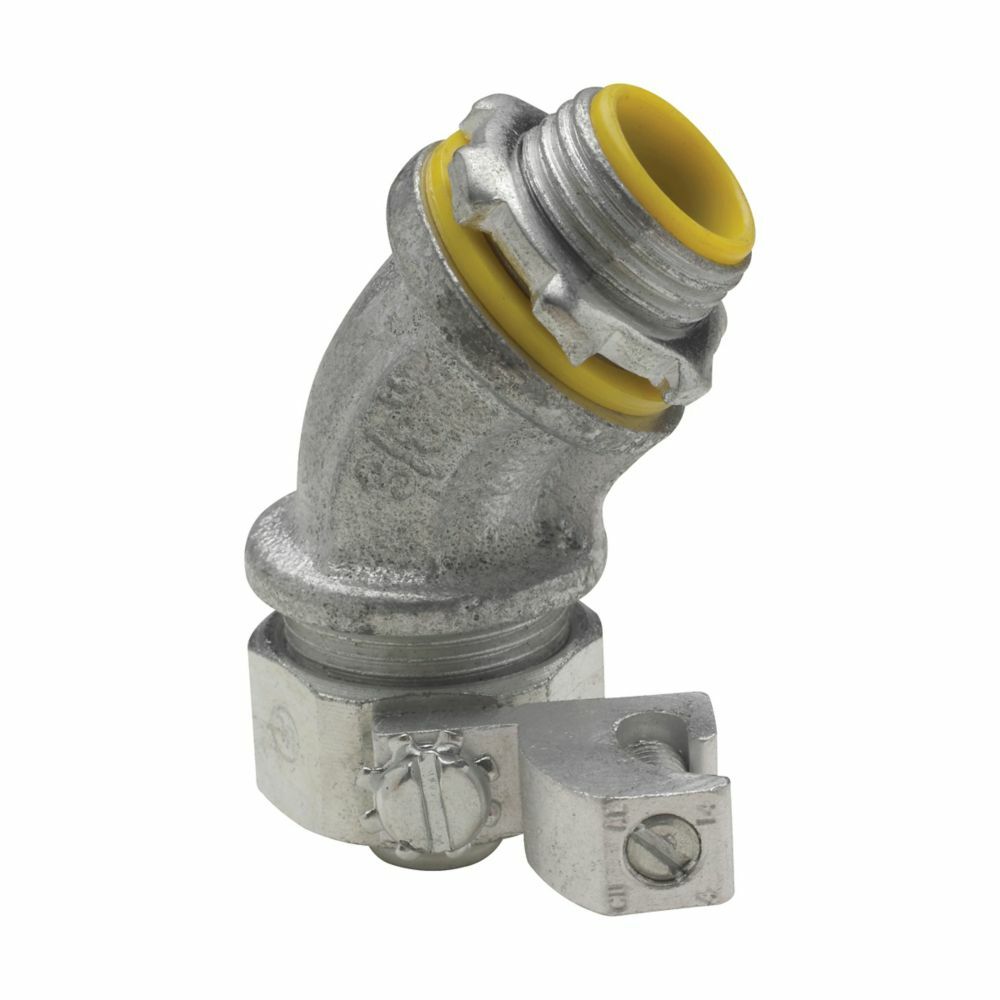 LTB15045GC Liquidator Insulated Liquidtight Conduit Connector With 14 to 4 AWG Copper Grounding Lug, 1-1/2 in Trade, 45 deg, Malleable Iron, Electro-Plated Zinc