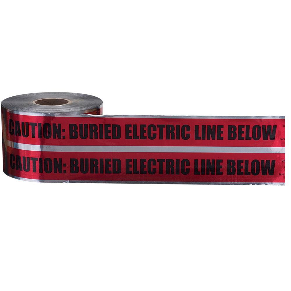 Detectable Underground Tape, 6 IN Roll Width, 1000 FT Roll Length, Caution Buried Electric Line Below Legend, Solid Aluminum Foil Core, Red, Thickness: 5 MIL, Elongation: 80 PCT ASTM D882-75B, Composition: IDEAL Specs: Bottom Layer PE, Top Layer PET, Foil Industry Standard, Tensile Strength: 35 LB/IN (15000 PSI) ASTM D882, For Protection, Location And Identification Of Underground Utility Installations