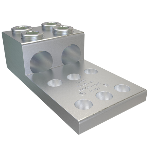 AU-800-2N ClearChoice 2-Conductor Dual Rated Mechanical Terminal Lug, 300 to 800 kcmil Aluminum/Copper Conductor, 1/2 in Stud, 2 Bolt Holes, 6061-T6 Aluminum Alloy