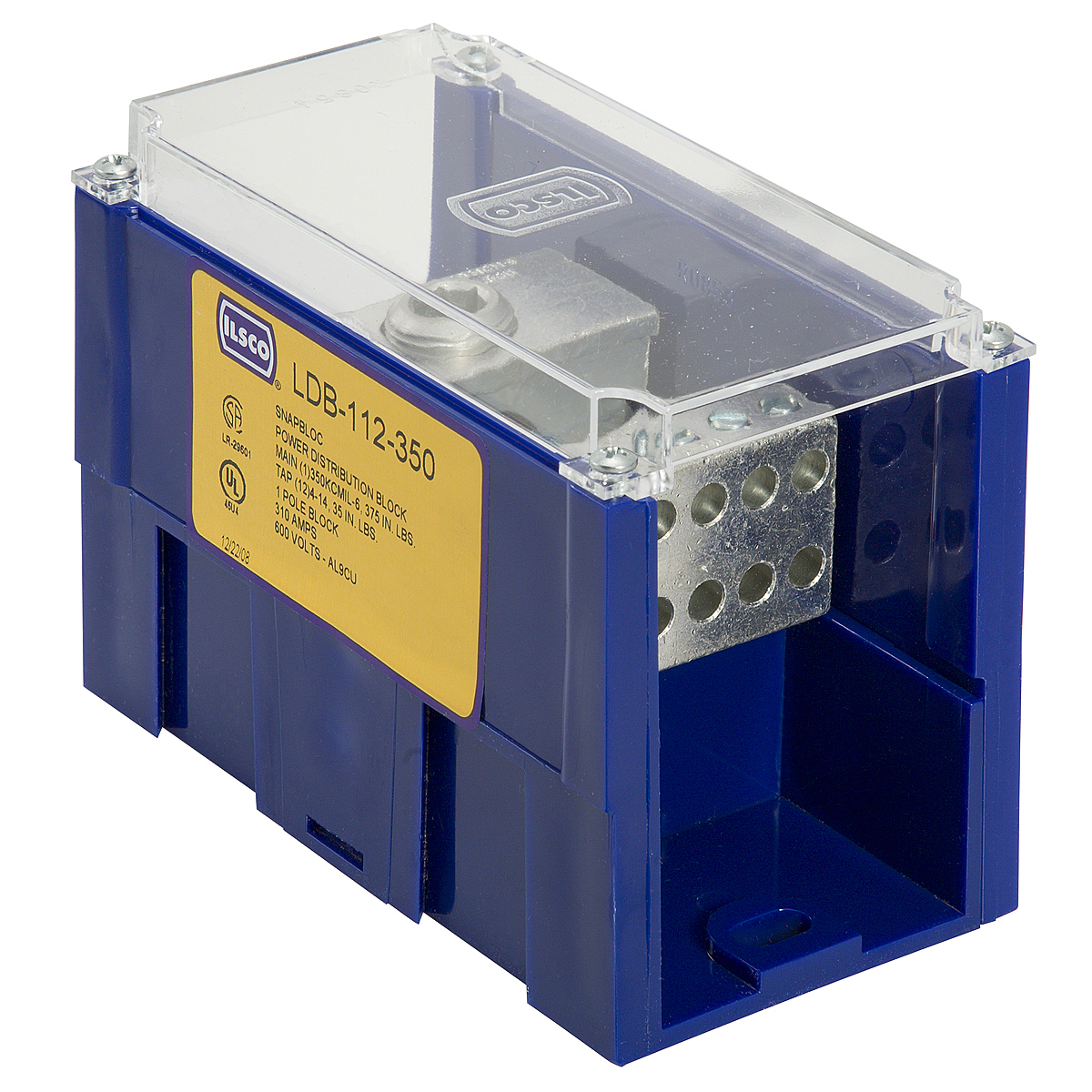 LDB-11-500 Snapbloc Type LDB Dual Rated Mechanical Power Distribution Block With Clear Cover, 600 V AC, 380 A, 1 Pole, 4 AWG to 500 kcmil Wire, Aluminum Alloy