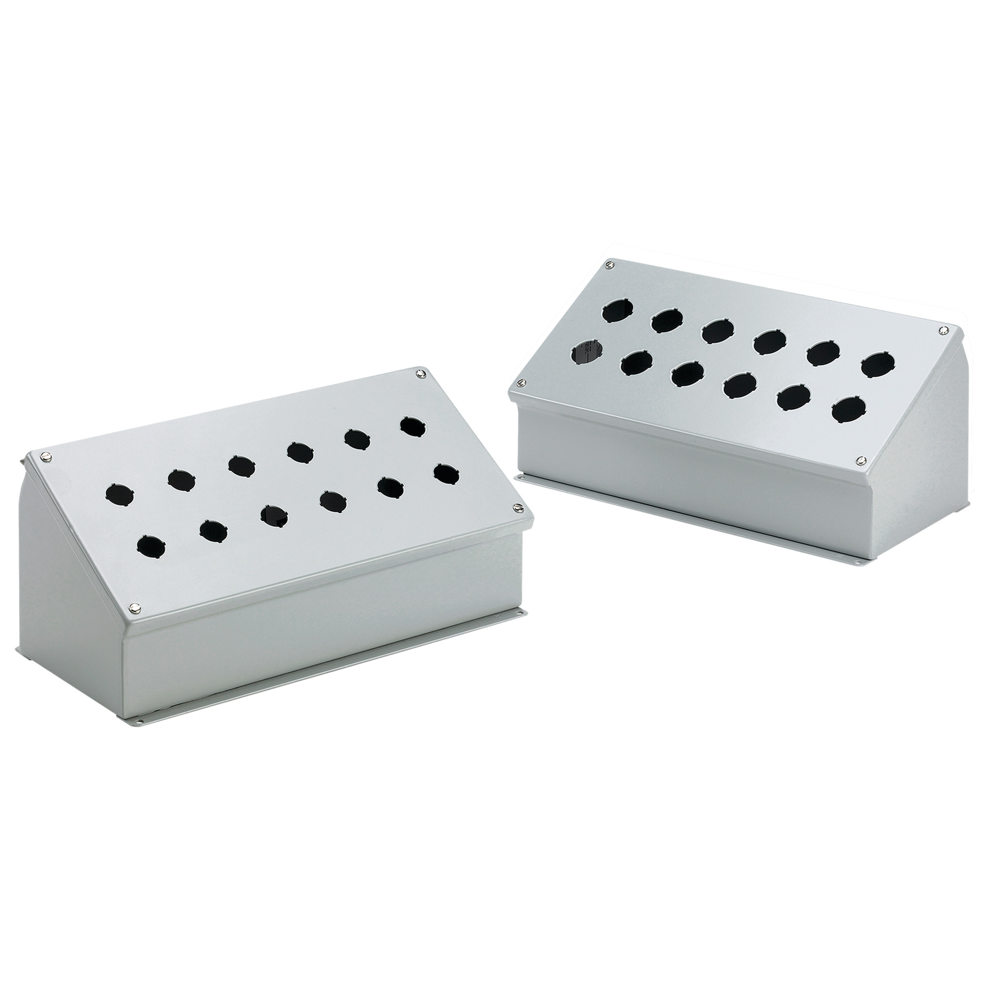 E3PBAM PB1 Sloped Front Pushbutton Enclosure, 3-1/2 in L x 7-3/4 in W x 4.84 in D, 3 Outlets, NEMA 12/IP65 NEMA Rating, Steel