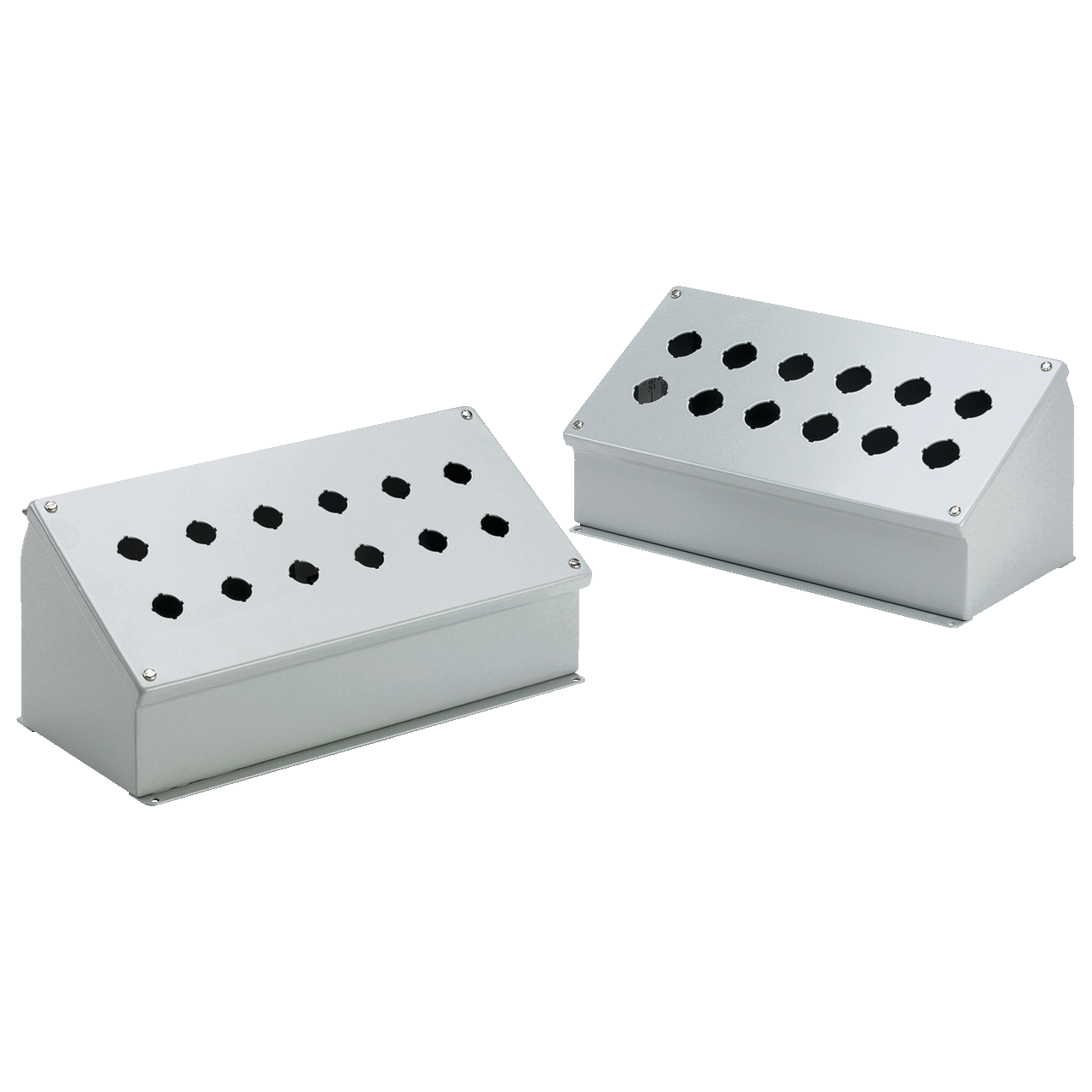 E4PBA PB1 Sloped Front Pushbutton Enclosure, 3-1/2 in L x 10 in W x 4.84 in D, 4 Outlets, NEMA 12/IP65 NEMA Rating, Steel