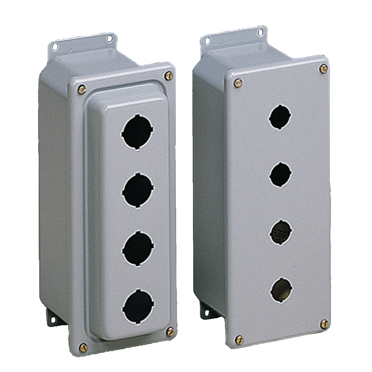 ED2PBM PB1 Drawn Pushbutton Enclosure, 5-3/4 in L x 4 in W x 3-3/4 in D, 2 Outlets, NEMA 4/IP66 NEMA Rating, Steel