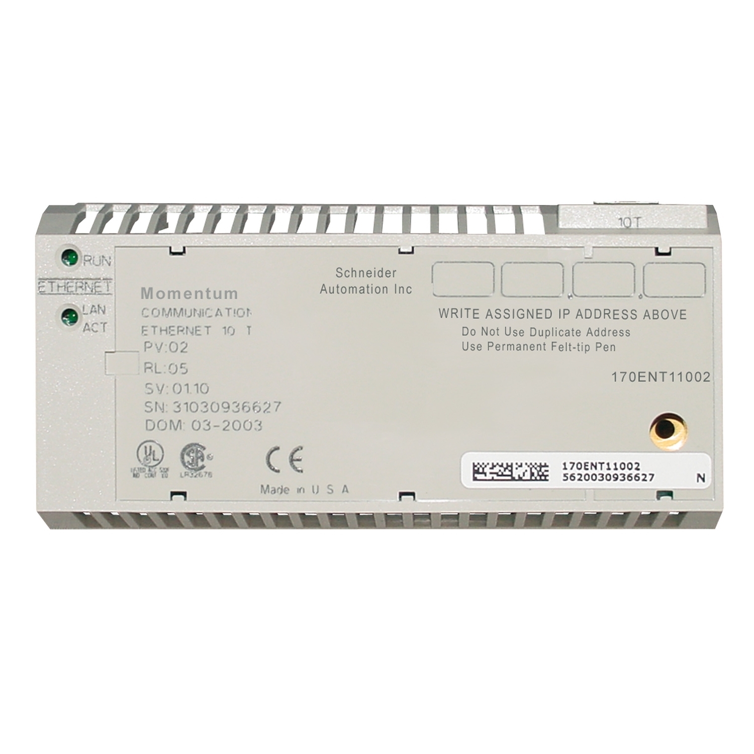 170ENT11002 Modicon Momentum TCP/IP Ethernet Communication Adapter, 10 Mbps Communication
