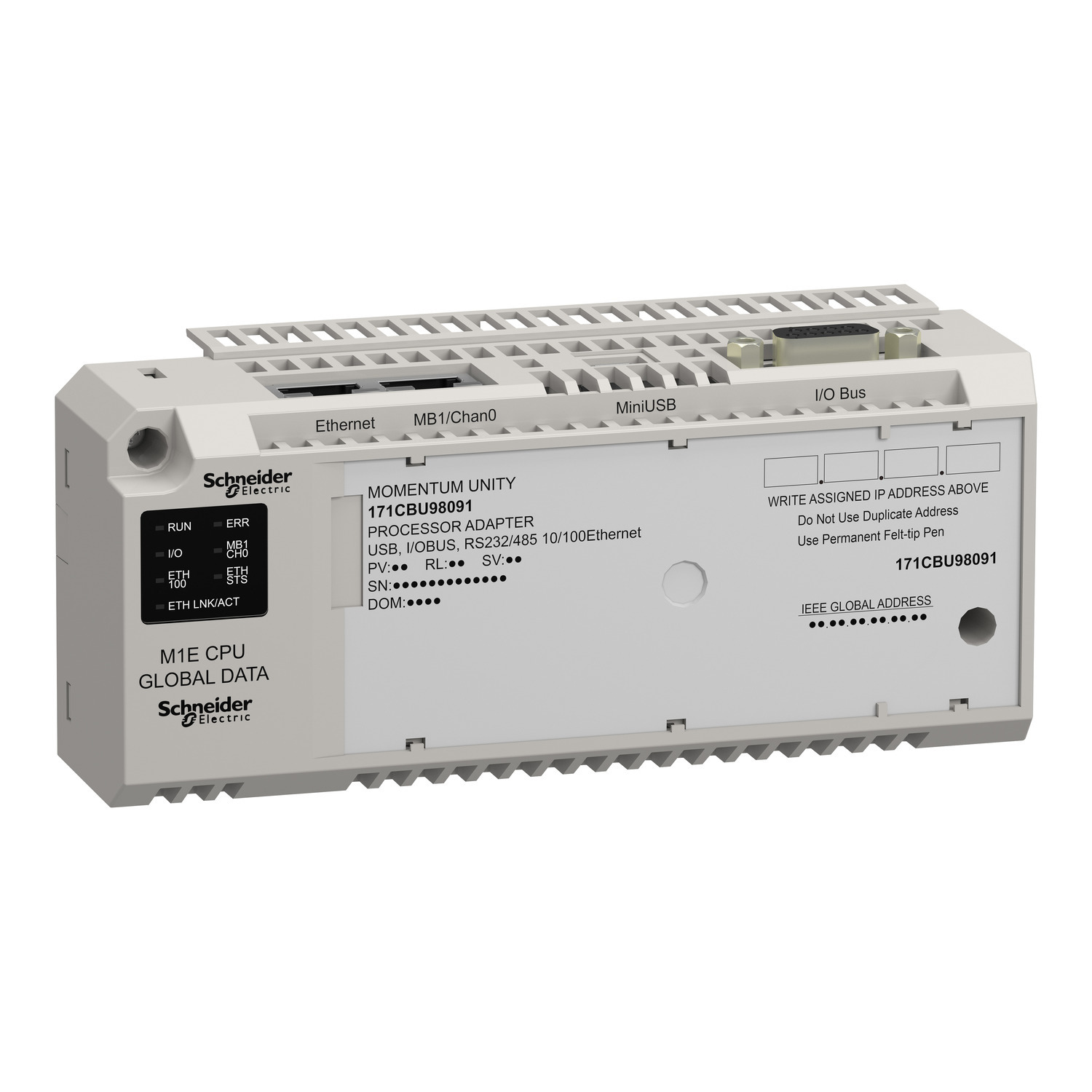 171CBU98091 Modicon Momentum Class B Transparent Ready Unity M1E Processor, 3584 kB Memory, 2048 I/O Capacity, DIN Rail Mount