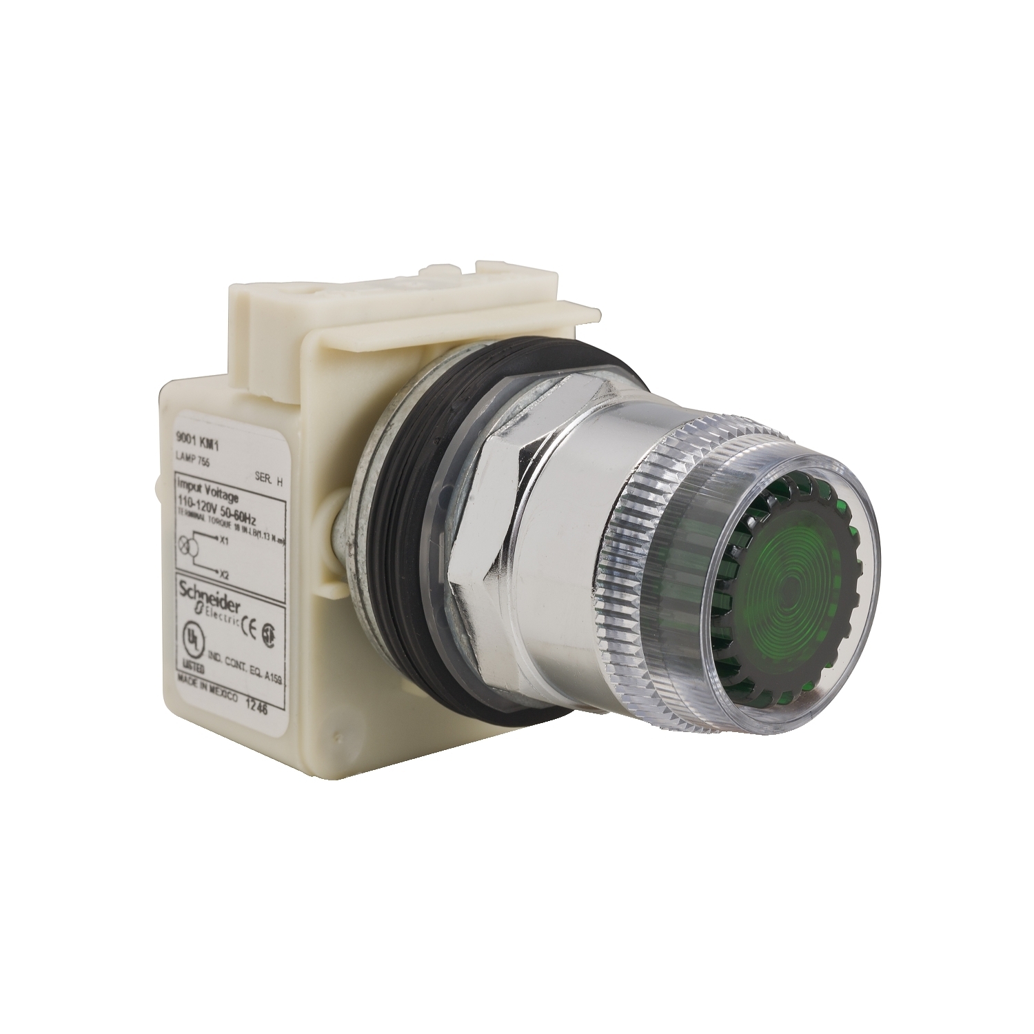 9001K1L1GH13 9001K Type T-K Round Standard Dust Tight Oiltight Watertight Illuminated Pushbutton, 30 mm, 1CO Contact, Green