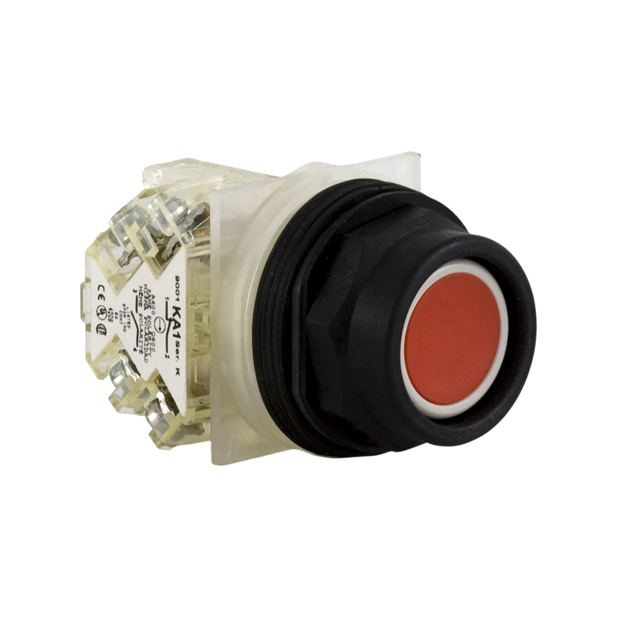 9001SKR2RH13 Harmony Type SK Corrosion-Resistant Dusttight/Oiltight/Watertight Mechanically Interlocked Non-Illuminated Pushbutton With Extended Guard, 30 mm, 1NO-1NC Contact, Slow Break Contact, Red