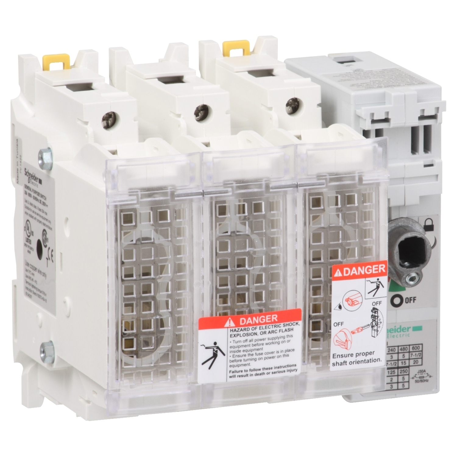 GS2EU3N TeSys Fusible Disconnect Switch With Terminal Cover, 600 V AC, 30 A, 20 hp, 3NO 3 Form A Contact, 3 Poles