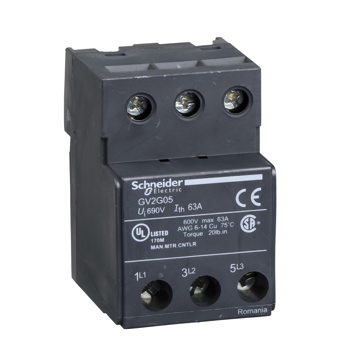 GV2G05 Linergy Terminal Block, For Use With TeSys GV2, U, D, K Motor Starter, 690 V AC, 63 A, IP20, Screw Clamp Terminal, 3-Pole, Top Mount