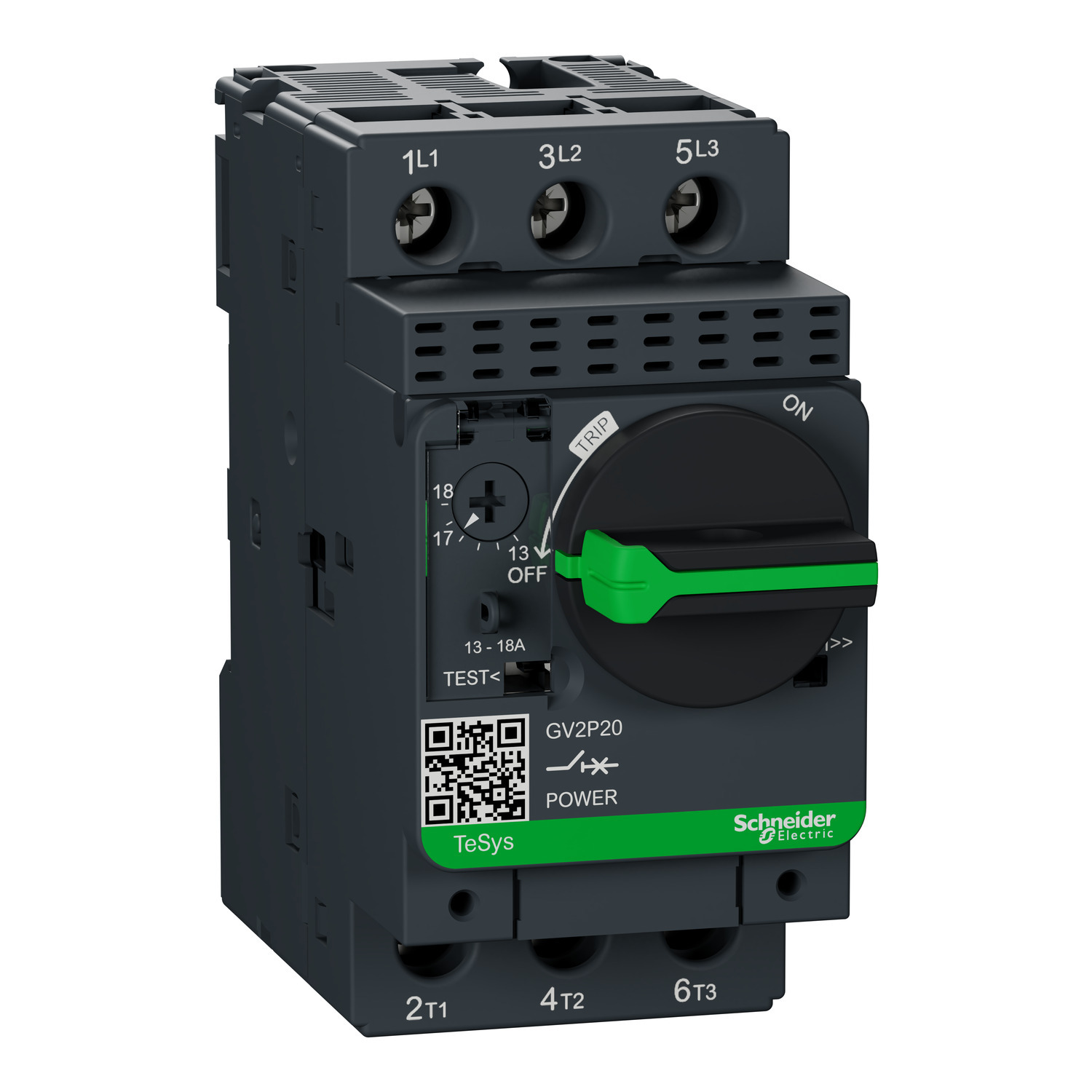 GV2P20 TeSys Non-Reversing Circuit Breaker, 690 V AC, 13 to 18 A, 3 Poles, Thermal Magnetic Trip
