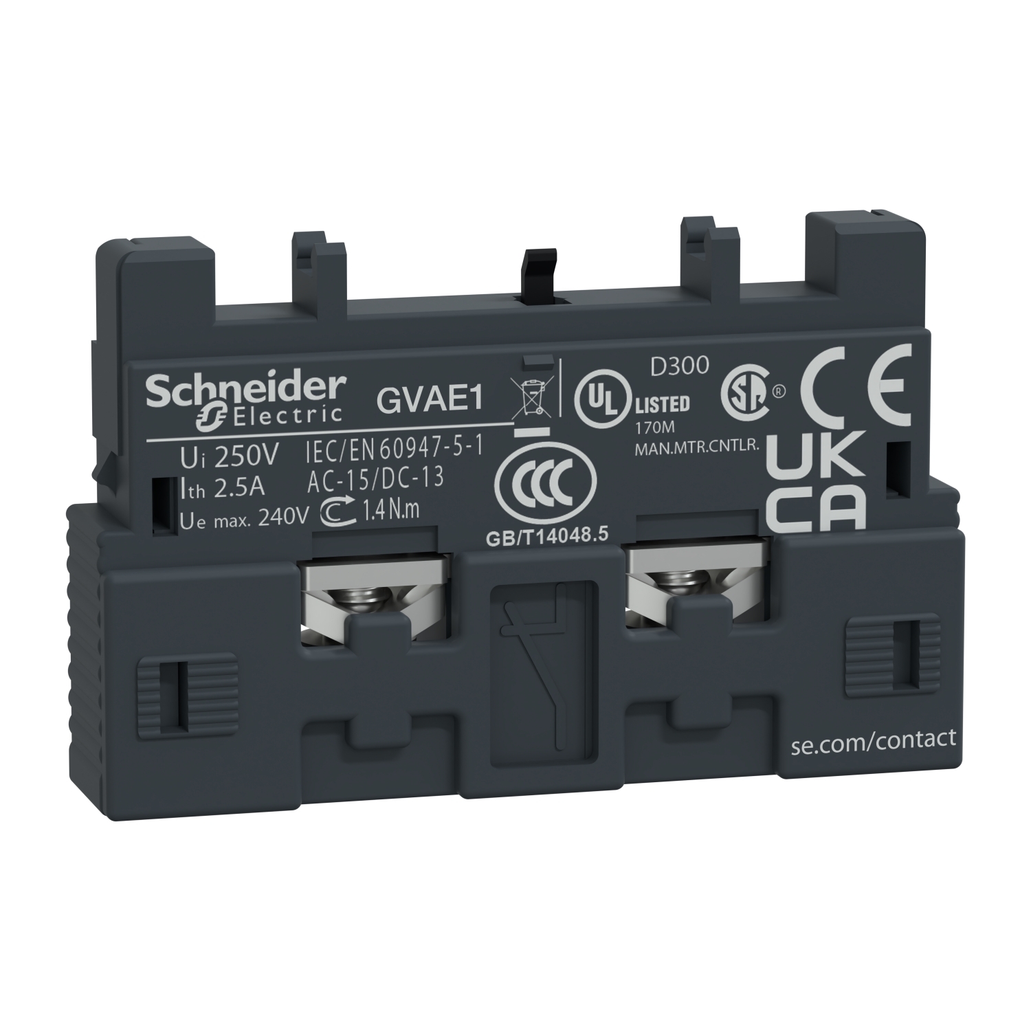 GVAE1 TeSys Auxiliary Contact Block, 2 Poles, For Use With GV2L and GV2LE Manual Switch, GV2ME, GV2P, GV2RT, GV3L and GV3P Manual Starter