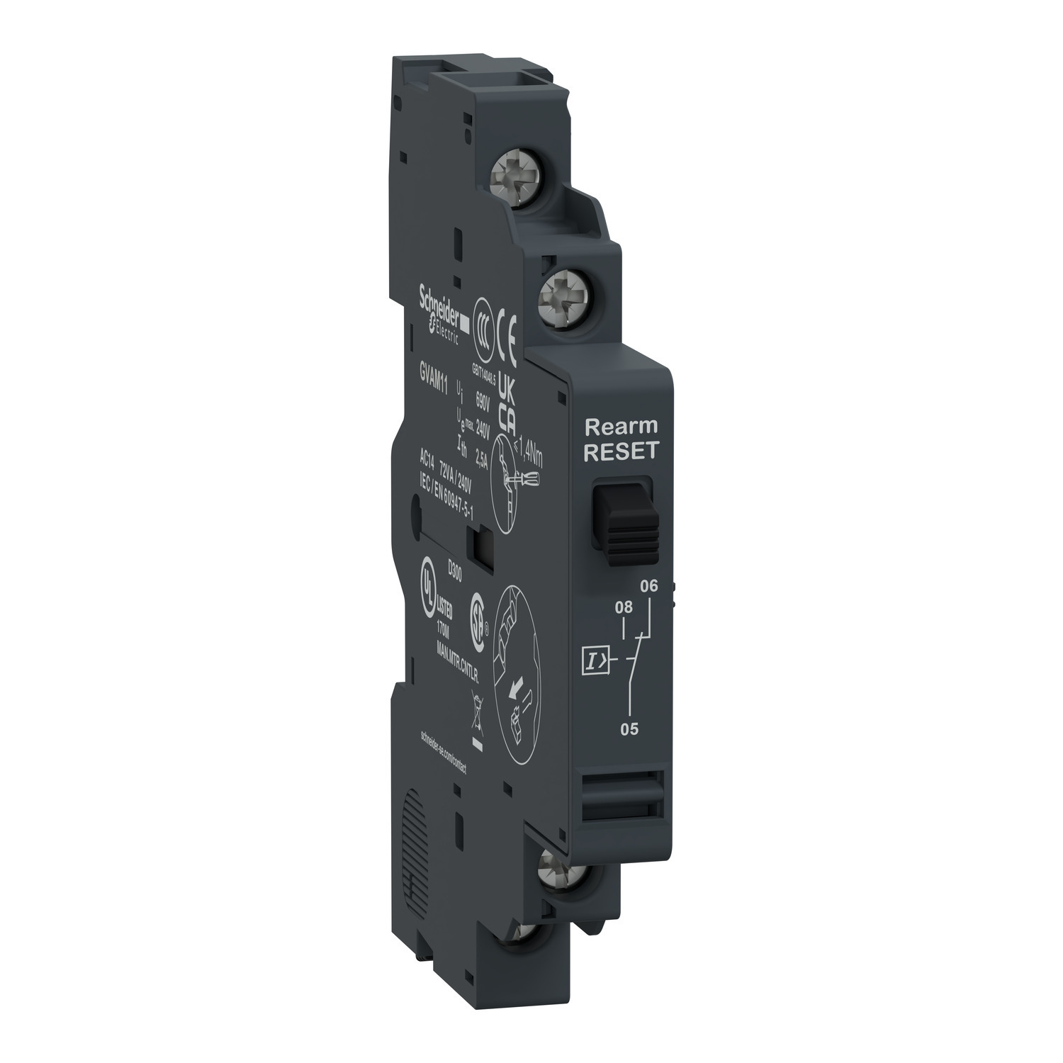 GVAM11 TeSys Type GVAM Auxiliary Contact Block, 24 to 240 V AC/24 to 60 V DC, 2.5 A, 1CO Contacts