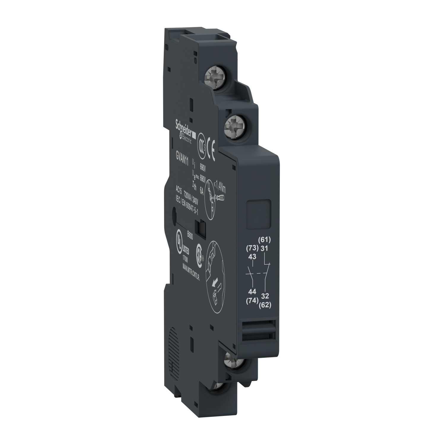 GVAN11 TeSys Reset Type Auxiliary Contact Block, 690 V AC/240 V DC, 6 A, 1 Contacts, For Use With GV2 and GV3 Manual Starter and Protector, Clamp Terminal Connection