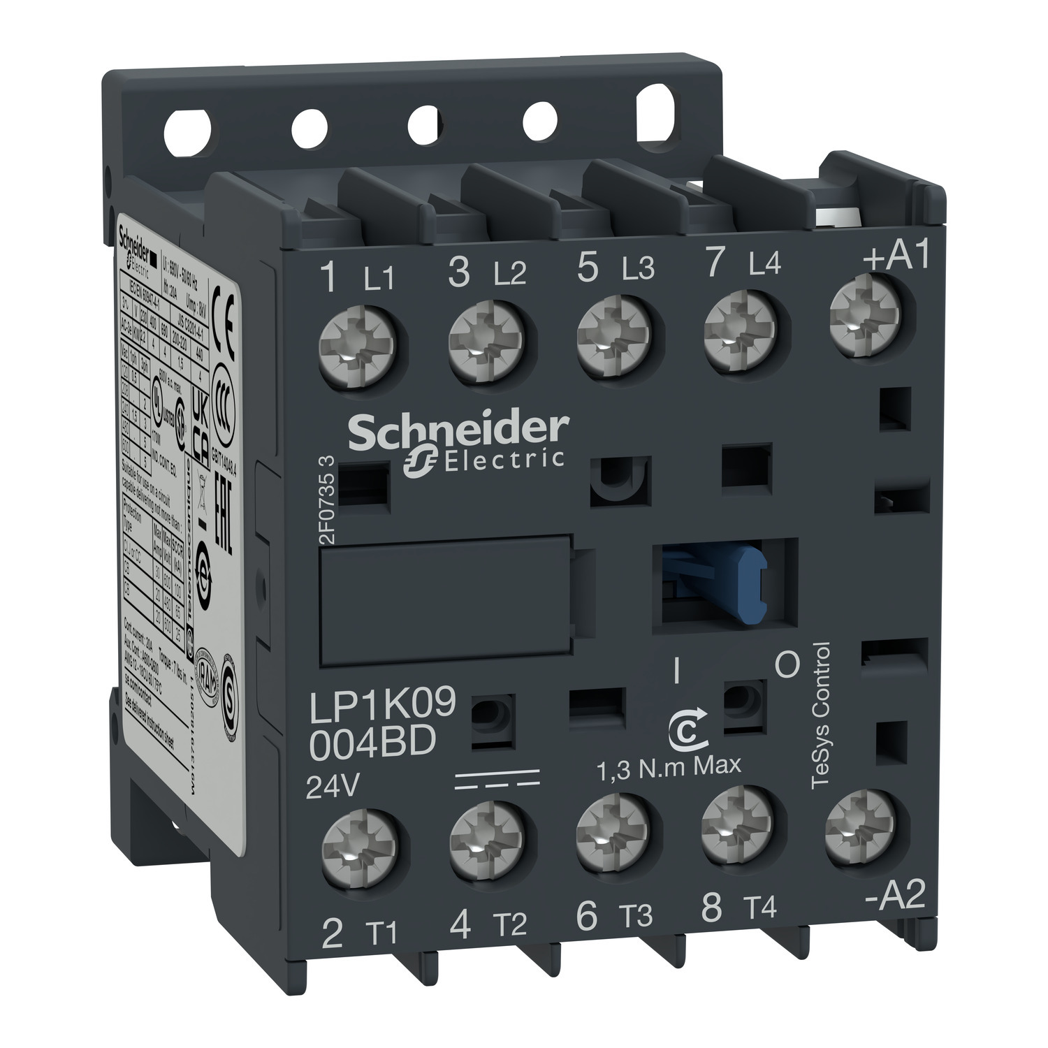 LP1K09004BD TeSys K K-Line LP1K IEC Contactor, 24 VDC V Coil, 20 A, 4NO Contact, 4 Poles