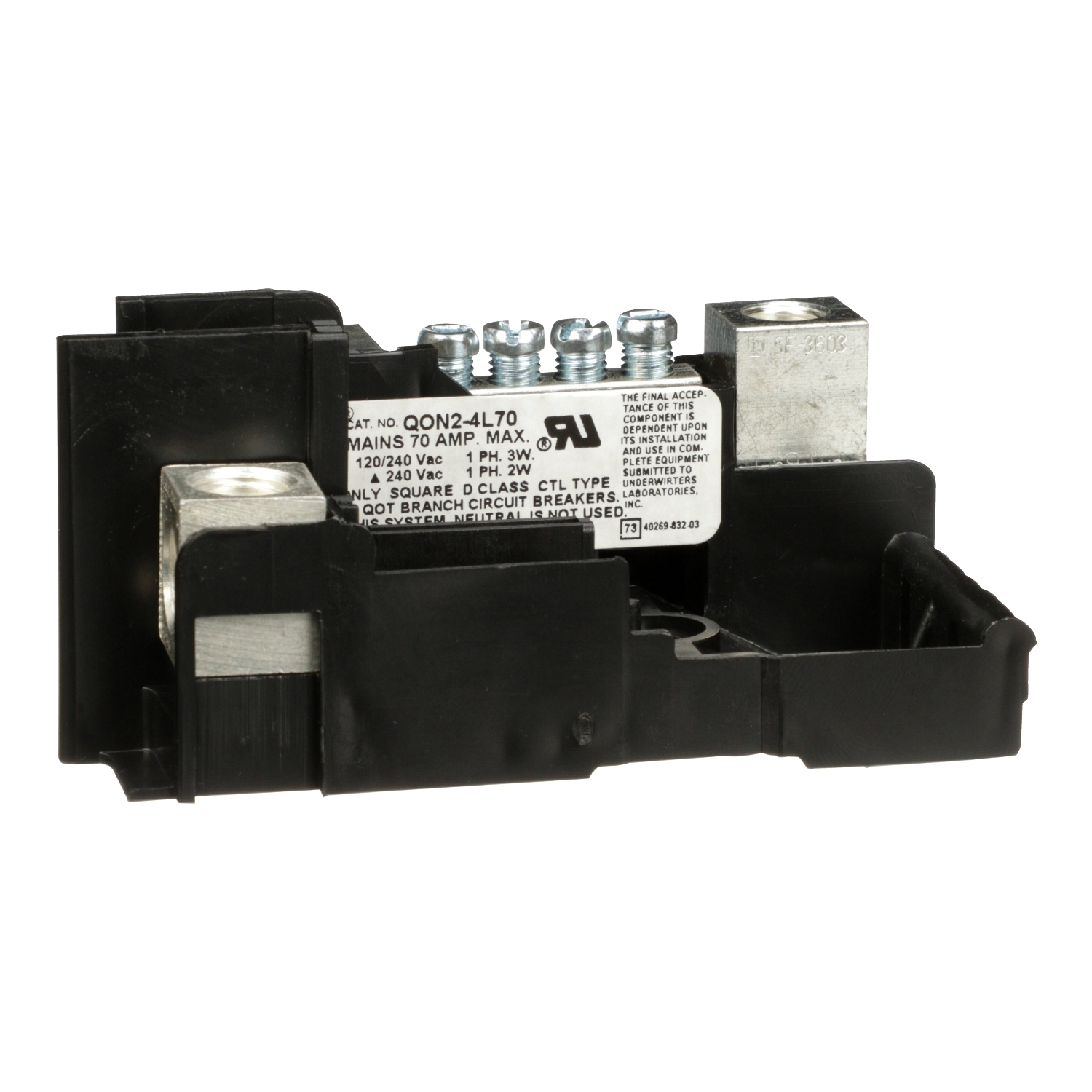 QON24L70 Type OEM Mounting Base, For Use With QO QO-GFI, QO-AFI, QO-EPD Unit Mounting Circuit Breaker and Loadcenter, 70 A at 120/240 V AC, 10 kA Interrupt Rated, 1-Phase, 2-Wire, 12 to 3 AWG Aluminum, 14 to 4 AWG Copper, 1-Pole 2-Spaces