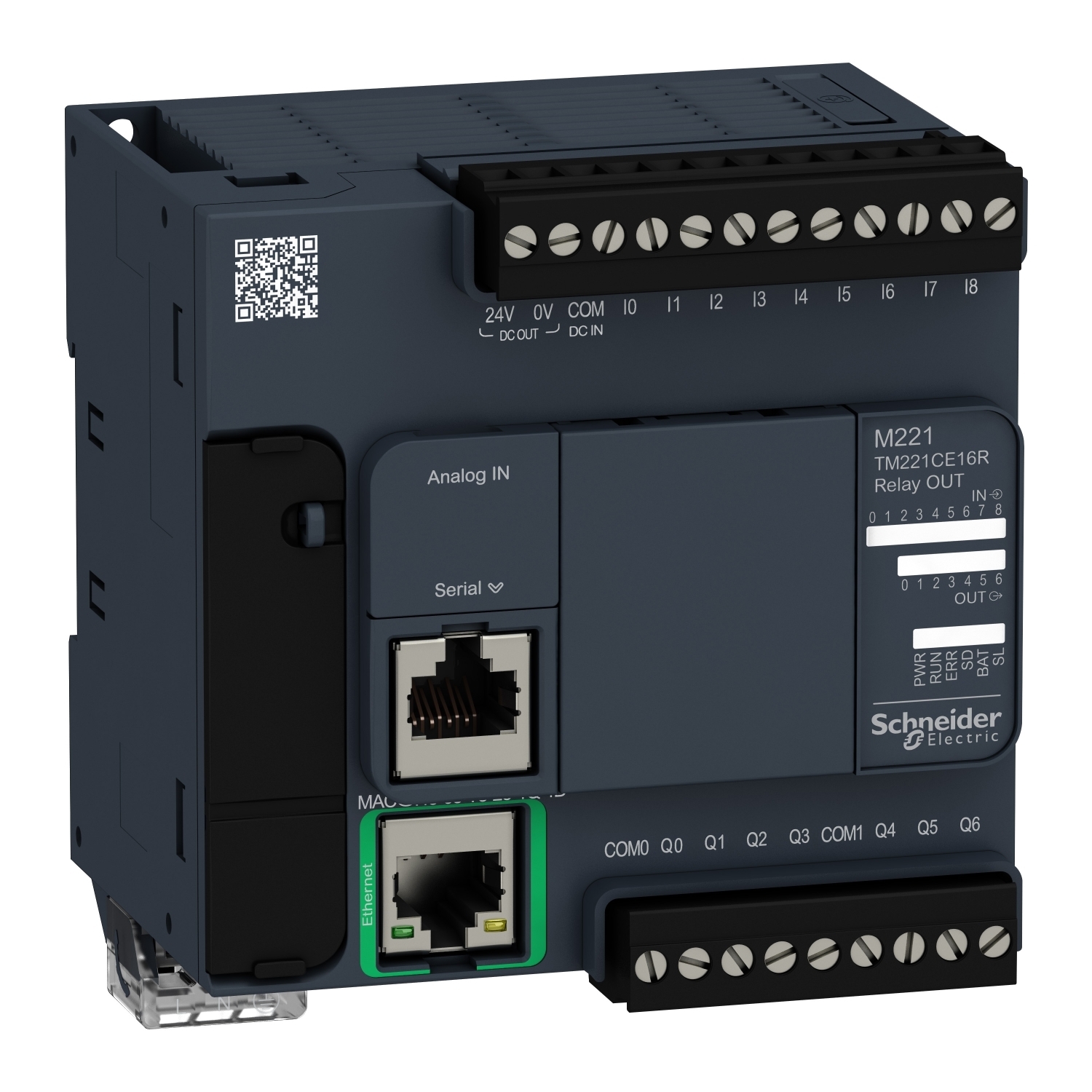 TM221CE16R Modicon M221 Compact Logic Controller With Embedded Ethernet Port, 100 to 240 V AC, 2 A, 9 Inputs, 7 Outputs, 5 to 125 VDC, 5 to 250 V AC Relay Normally Open Signal Range