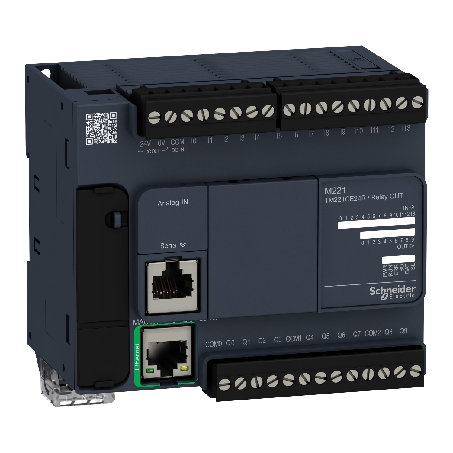 TM221CE24R Modicon M221 Compact Logic Controller With Embedded Ethernet Port, 100 to 240 V AC, 2 A, 14 Inputs, 10 Outputs, 5 to 250 V AC, 5 to 125 VDC Relay Normally Open Signal Range