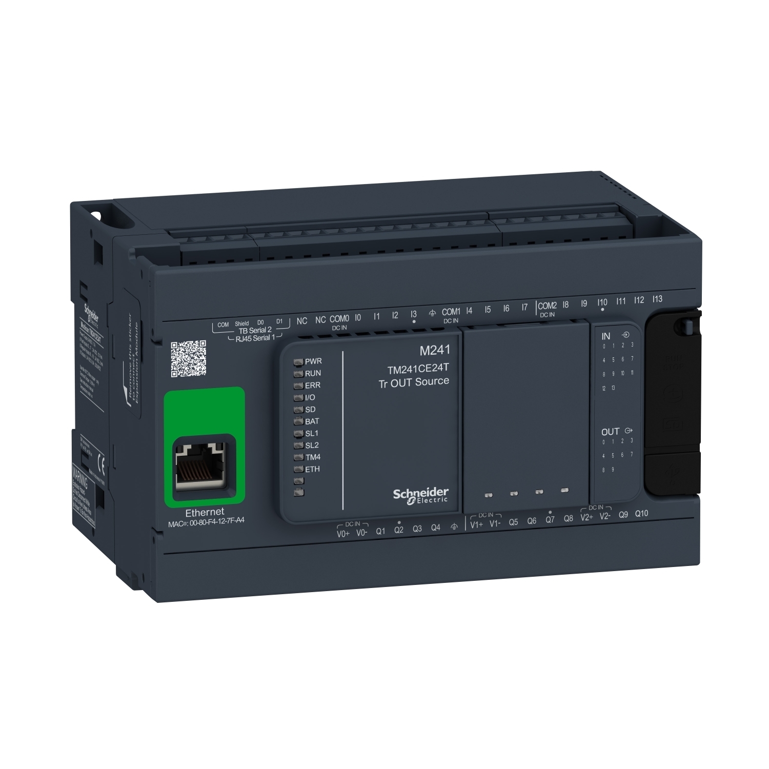 TM241CE24T Modicon Logic Controller With Realtime Clock, 24 V DC, 5 mA Input/10.7 mA Fast Input, 14 Discrete/8 Fast Inputs, 10 Transistor/4 Fast Outputs