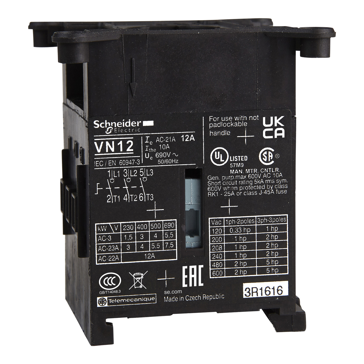 VN20 TeSys 3-Pole Switch Body, For Use With 16/20 A Switch, 20 A, 690 V AC, 50/60 Hz, -4 to 122 deg F