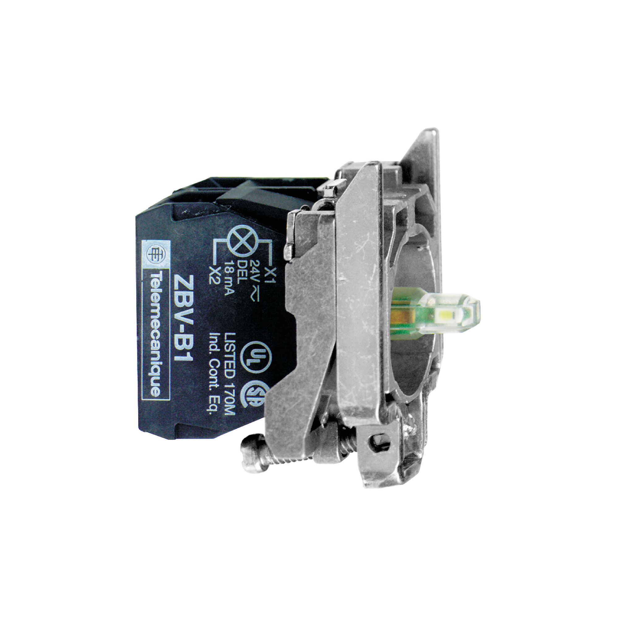 ZB4BW0G43 Harmony Standard Contact Block Assembly With Body/Fixing Collar, Integral LED, 30 mm, 47 mm, LED Lamp, 2NO Contact, 110 to 120 V AC, Red