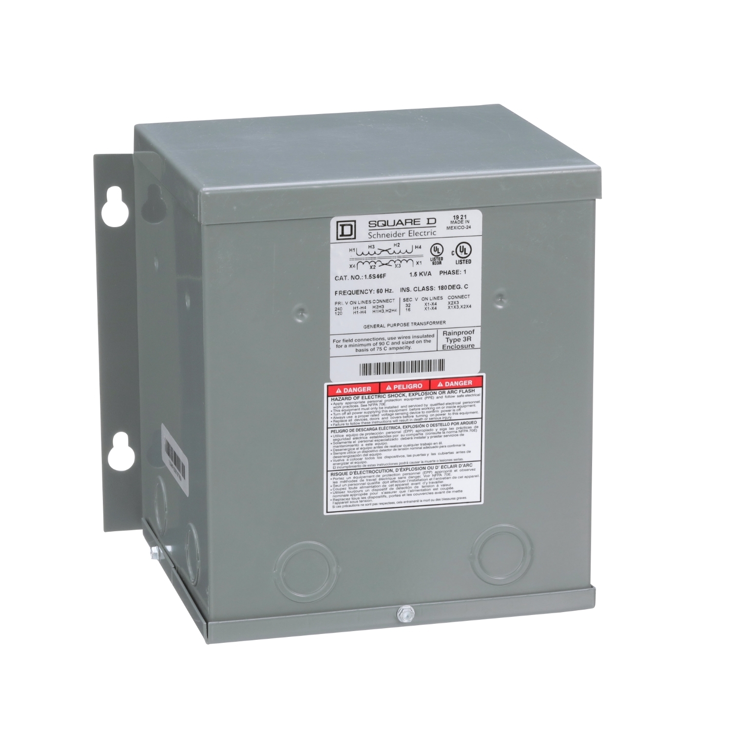 1.5S46F Dry Buck And Boost Transformer, 120/240 V AC Primary, 16/32 VAC Secondary, 1.5 kVA Power Rating, 60 Hz, 1 Phase