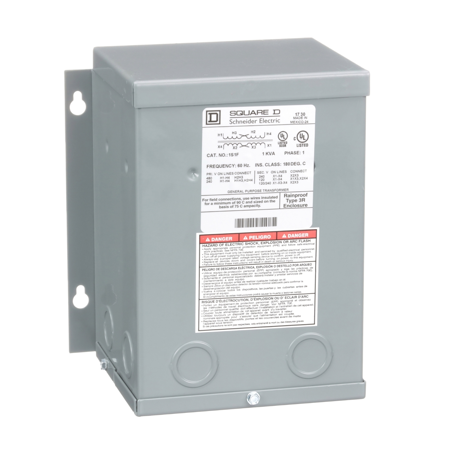 1S1F Distribution Dry Sealed Encapsulated Resin Sealed Transformer, 240 x 480 V AC Primary, 120/240 VAC Secondary, 1 kVA Power Rating, 60 Hz, 1 Phase