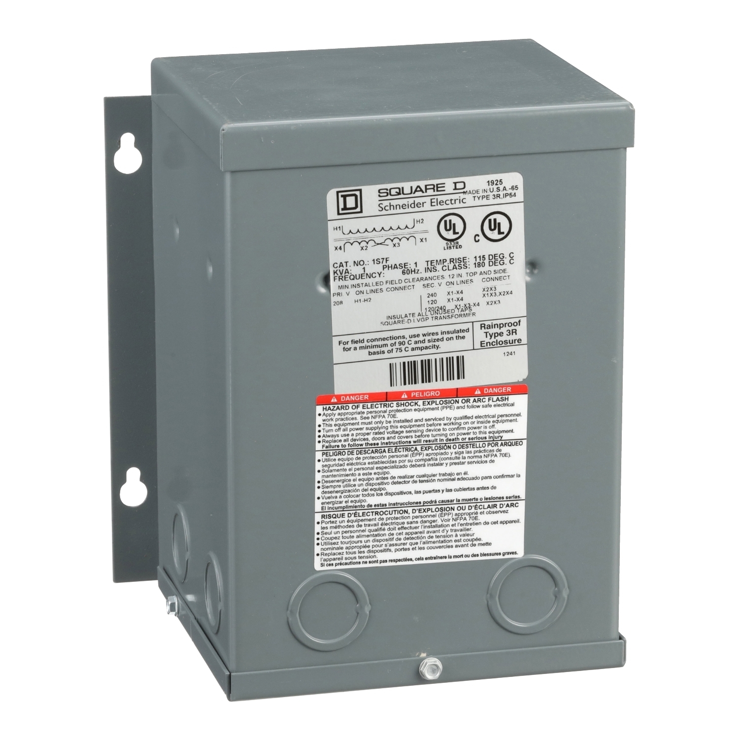 1S7F Dry Sealed Encapsulated General Purpose Transformer, 208 V AC Primary, 120/240 VAC Secondary, 1 kVA Power Rating, 60 Hz, 1 Phase