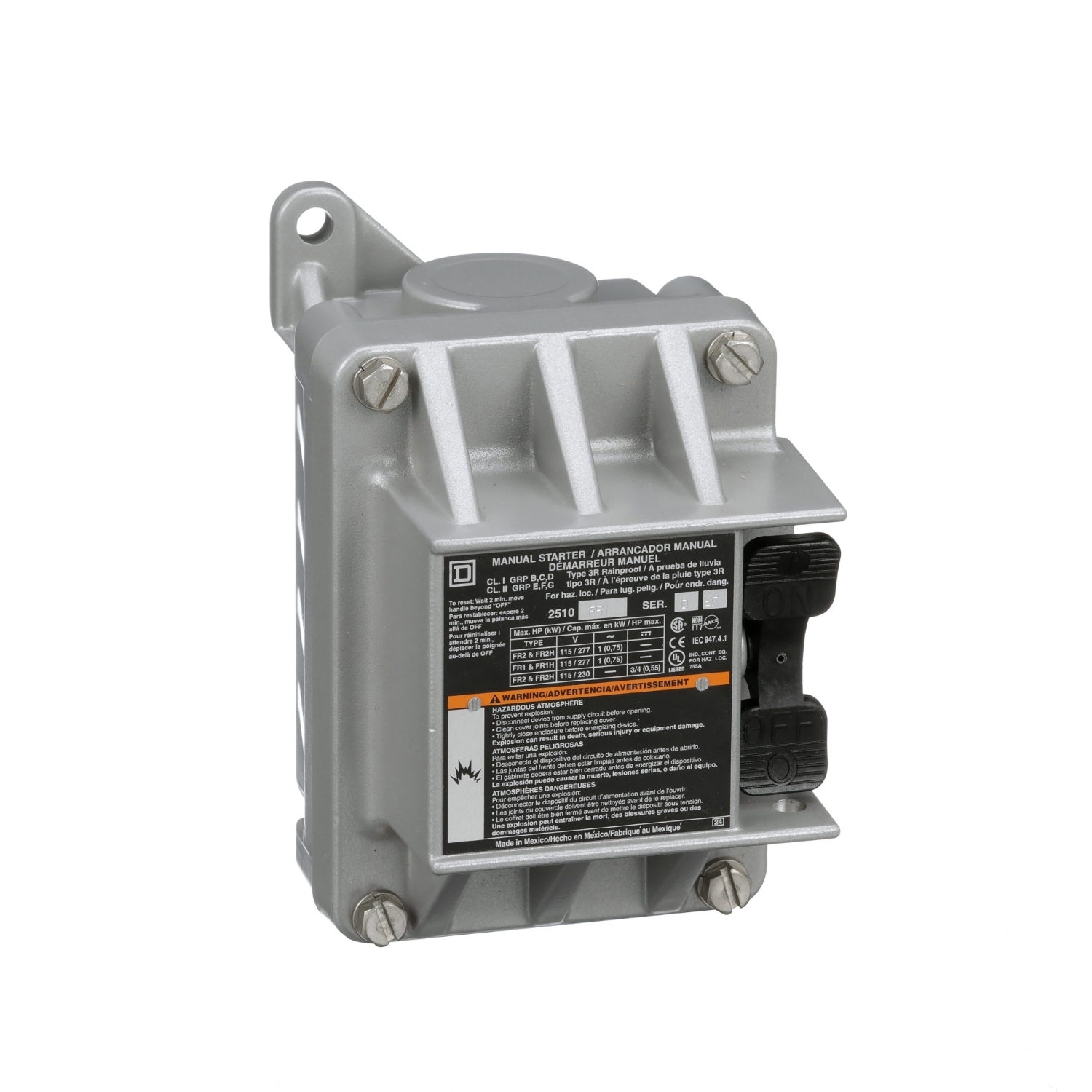 2510FR1 Type F Fractional Horsepower Non-Reversing Standard Single Unit Manual Starter, 1 Pole, NEMA 3R/7/9 Enclosure