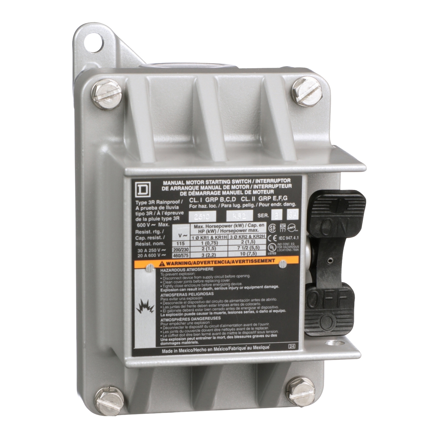 2510KR2 Type K 3-Phase 1-Unit Standard Manual Switch With Handle Guard/Lock-Off, 600 V AC/230 V DC, 20 A, 1 hp at 90 VDC, 1.5 hp at 230 VDC, 2 hp at 115 VAC/115 VDC, 7.5 hp at 230 VAC, 10 hp at 460 VAC/575 VAC Power Rating