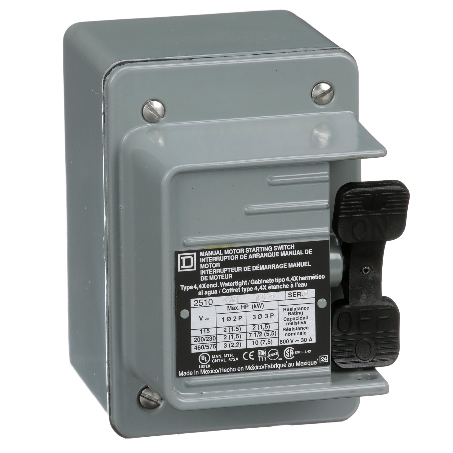 2510KW1 Type K Manual Switch, Non-Reversing Action, 2 Poles, NEMA 4 Enclosure