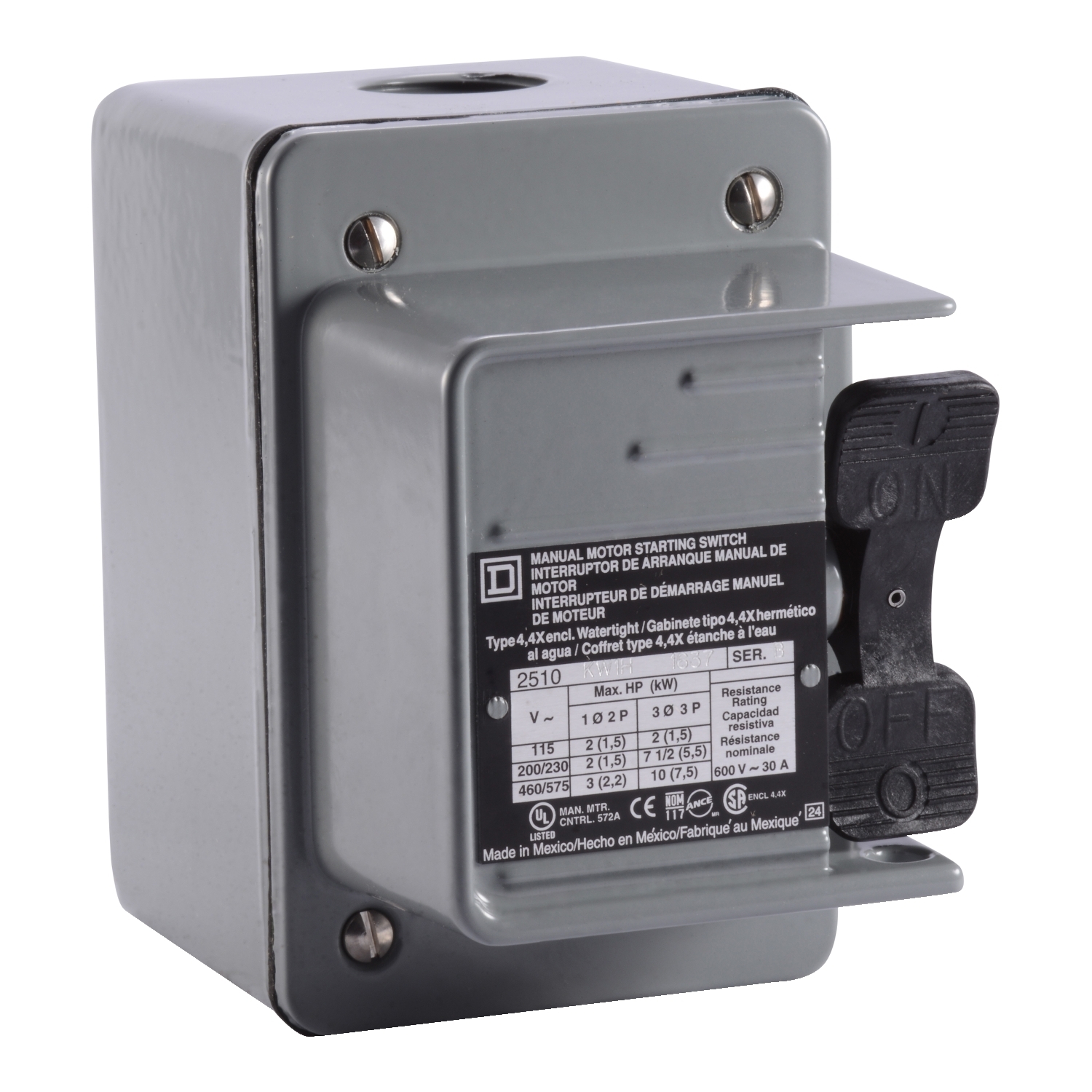 2510KW1H Type K Non-Reversing Manual Switch, 2 Poles, NEMA 4 Enclosure
