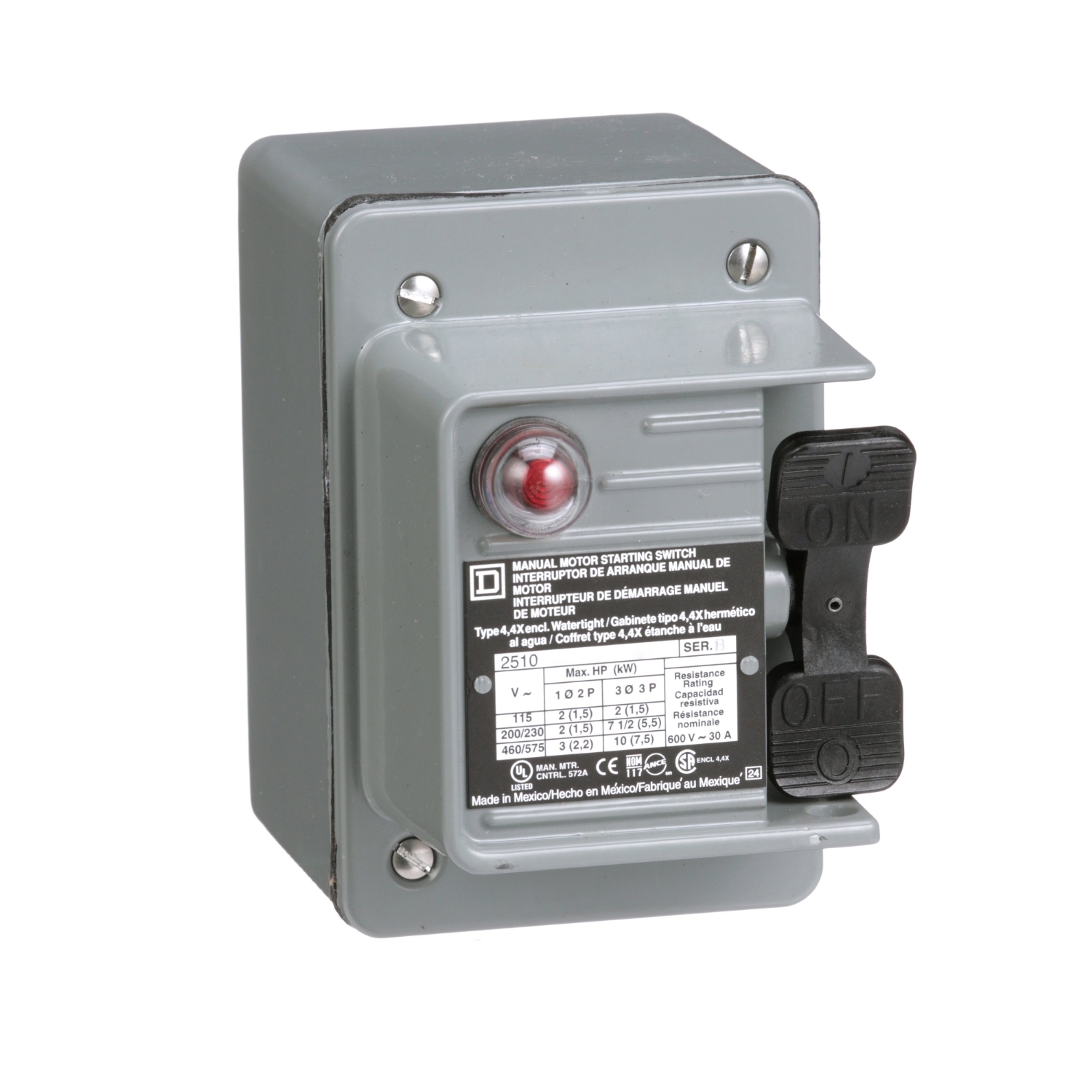 2510KW2CH Type K Single Unit Manual Switch With Handle Guard/Lock-Off, 600 V AC/230 V DC, 30 A, 2 hp at 115 VAC/7.5 hp at 230 VAC/10 hp at 460/575 VAC Power Rating