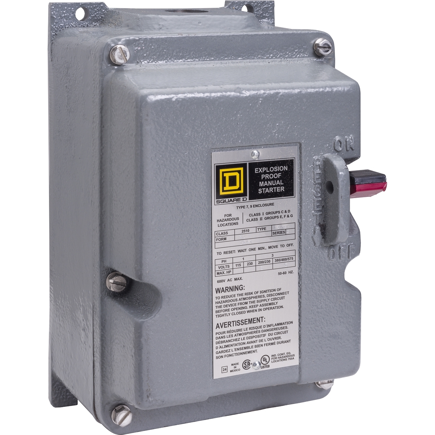 2510MCR3 Type M Integral Horsepower Manual Starter, Non-Reversing Action, 3 Poles, NEMA 7/9 Enclosure