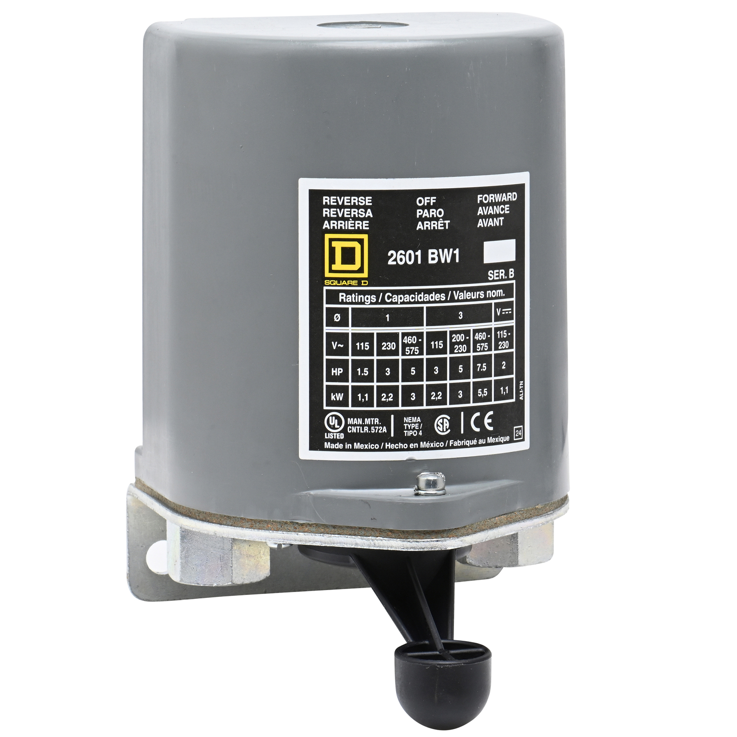 2601BW1 B Series Type BW Class 2601 Dust/Watertight Drum Switch, 600 V AC/250 V DC, 7-1/2 hp Power Rating, 3 Poles