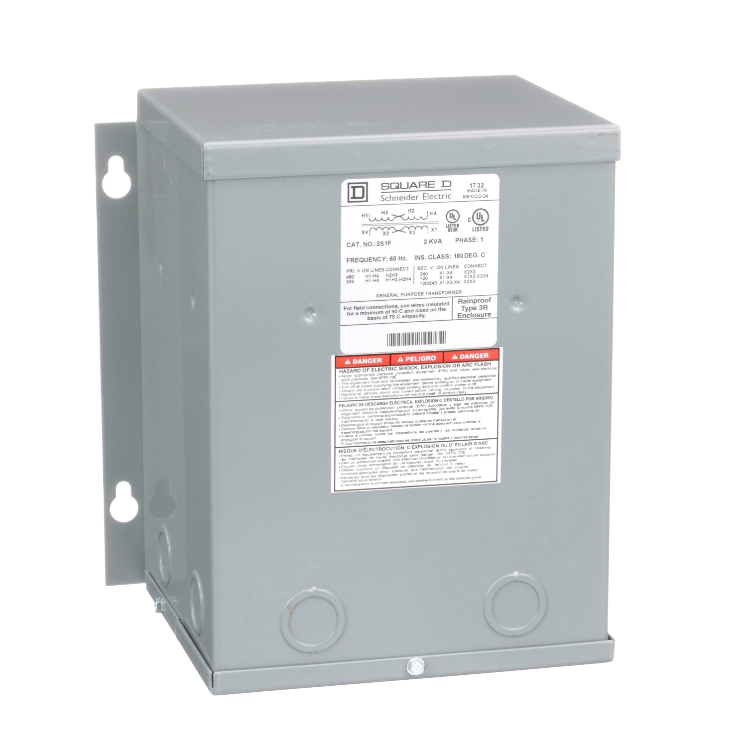 2S1F Distribution Dry Sealed Encapsulated Resin Sealed Transformer, 240 x 480 V AC Primary, 120/240 VAC Secondary, 2 kVA Power Rating, 60 Hz, 1 Phase