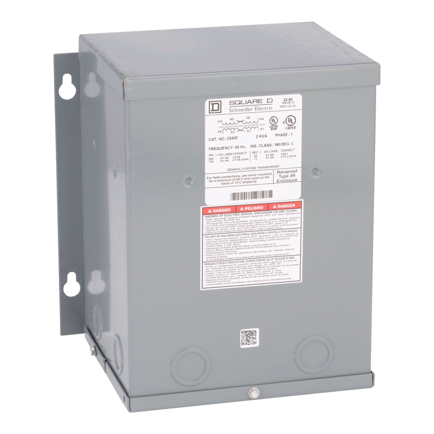 2S43F Dry Buck and Boost Transformer, 120/240 V AC Primary, 12/24 VAC Secondary, 2 kVA Power Rating, 60 Hz, 1 Phase