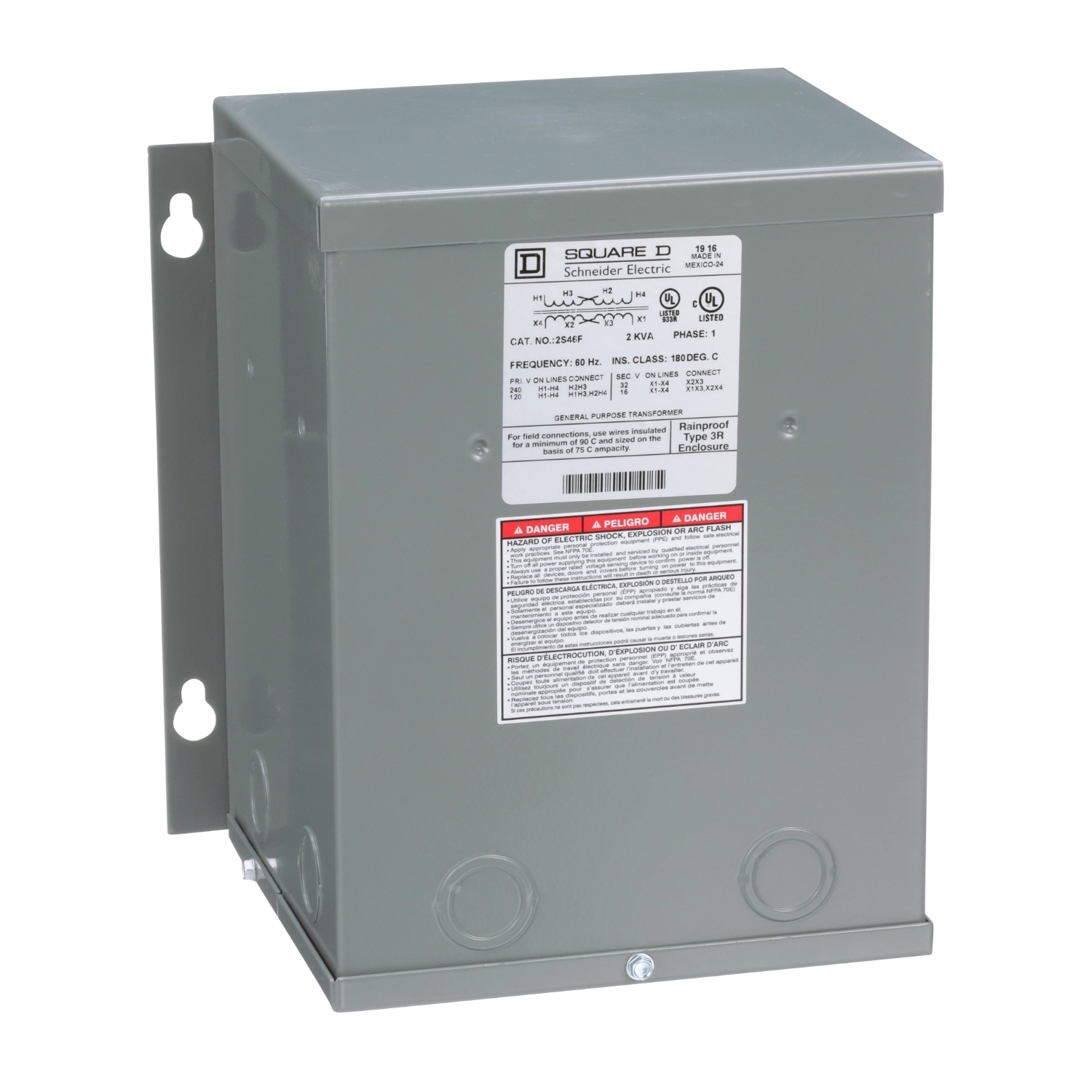 2S46F Dry Buck And Boost Transformer, 120/240 V AC Primary, 16/32 VAC Secondary, 2 kVA Power Rating, 60 Hz, 1 Phase